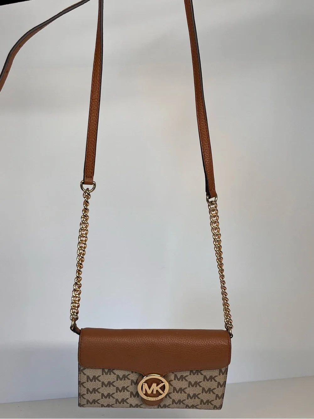 Michael Kors Tan/Brown MK Logo Chain Strap Crossbody